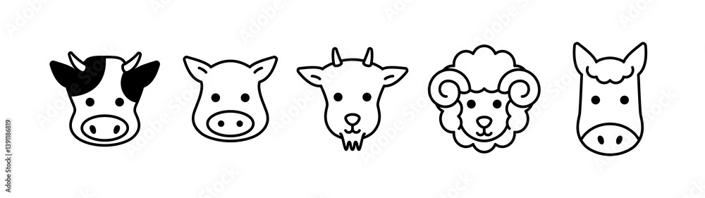 Animal face icon set. Cow, pig, goat, sheep, horse icons. Black color outline icon on white background. Animal face icon set. Cow, pig, goat, sheep, horse icons. Black color outline icon on white background.