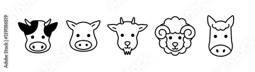 Animal face icon set. Cow, pig, goat, sheep, horse icons. Black color outline icon on white background.