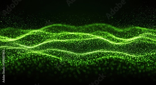 Abstract green glowing particles forming wavy lines against a dark black background scene design