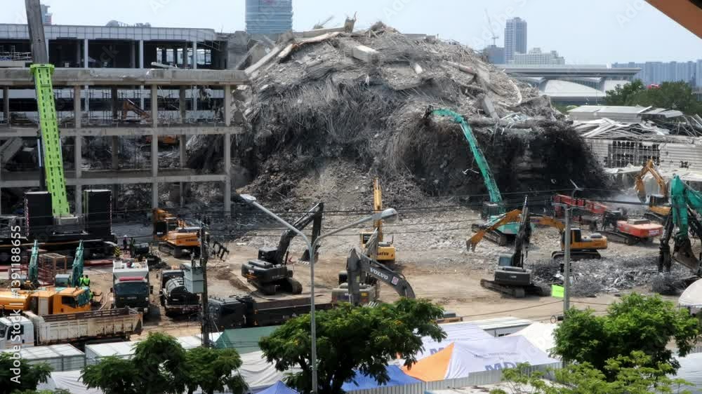 The debris-removing process from a collapsed 33-story skyscraper in Bangkok caused by an earthquake, which was intended to be the Thai government's State Audit Office at Chatuchak on April 2025.