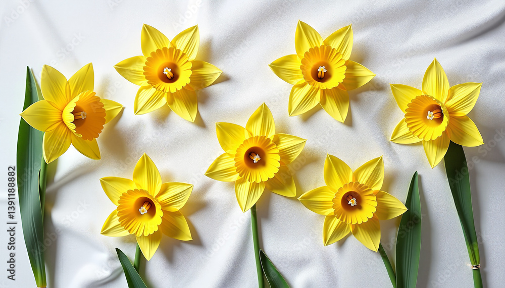 Fototapeta premium Bright yellow daffodils arranged on a white background 