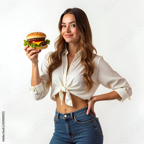 Stylish Woman Holding a Tasty Burger in Hand