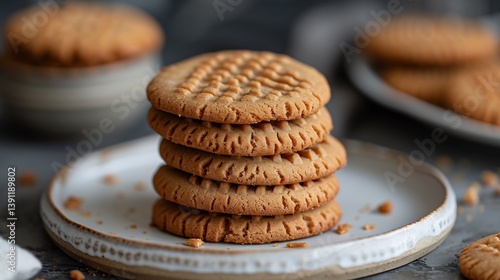 Wallpaper Mural American peanut butter cookies criss cross tops stacked on a white ceramic tray Torontodigital.ca
