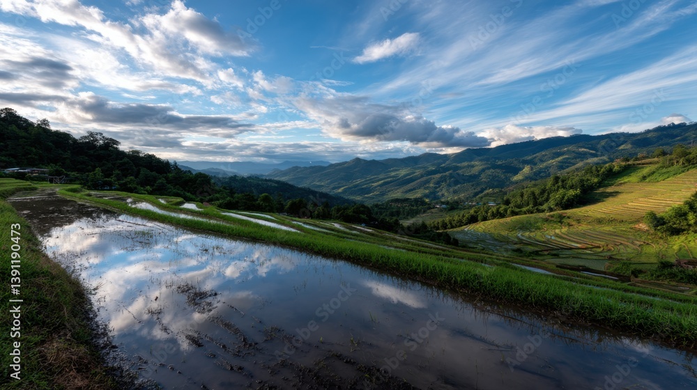 Rice Terraces and Mountainous Landscape with Sky Reflection Rice Terraces and Mountainous Landscape with Sky Reflection