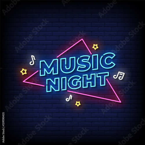 music night neon sign with brick wall background vector