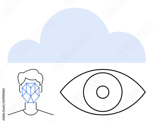 Human face with geometric recognition pattern, eye symbolizing vision, light blue cloud. Ideal for technology, AI, biometrics, data security, cloud services surveillance innovation. Flat simple