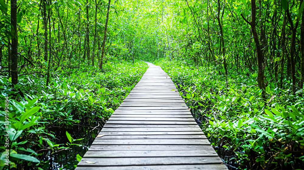 Obraz premium Wooden Path Through Tranquil Green Forest Oasis Nature Walk Scenic Route Calm Journey
