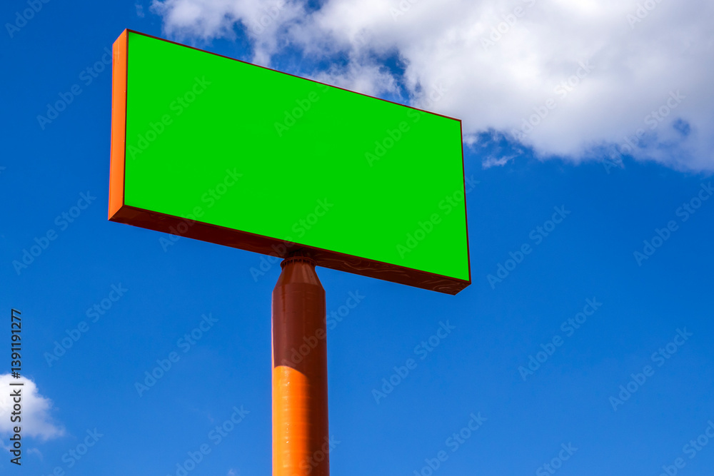 Mockup of the chromakey green billboard under a bright blue sky with white clouds. Outdoor advertising space ready for a message. Simple and clean composition in Brazil