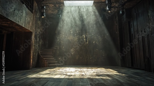 Wallpaper Mural Sunbeams illuminate a dark, grunge interior space with wooden floor, stairs, and aged walls. Torontodigital.ca