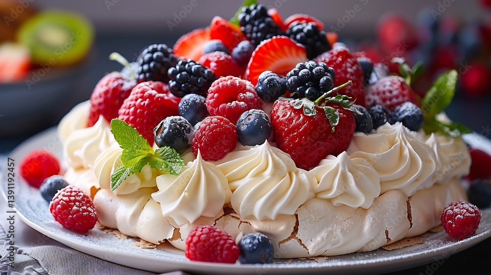 Australian pavlova meringue topped whipped cream and fresh fruits plated on white dish Australian pavlova meringue topped whipped cream and fresh fruits plated on white dish
