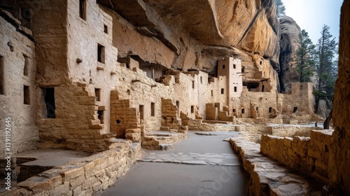 Stone Cliff Dwellings Under Rock Overhang