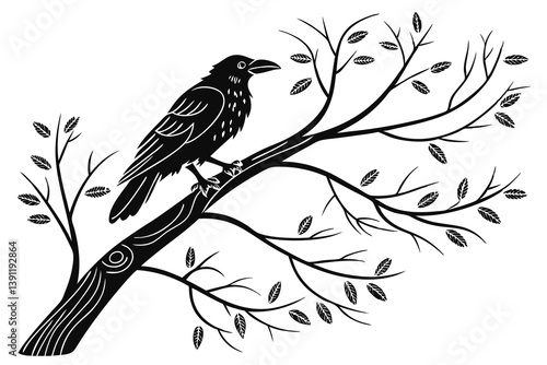 Wild brown bird with a beak sitting on a tree branch in nature