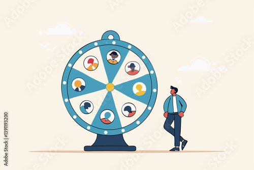Choosing a candidate, hiring new headcount or applicants, a lucky winner staff, human resources picking new talent or laying off employees, a busine HR staff picking a candidate by a lucky draw wheel.