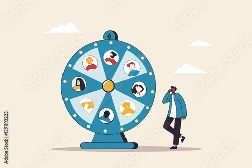 Choosing a candidate, hiring new headcount or applicants, a lucky winner staff, human resources picking new talent or laying off employees, a busine HR staff picking a candidate by a lucky draw wheel.