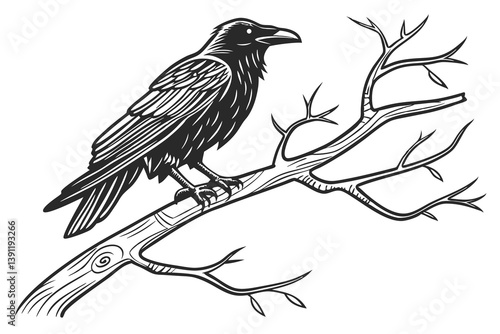 A straigh blackthorn branch with a raven perched 