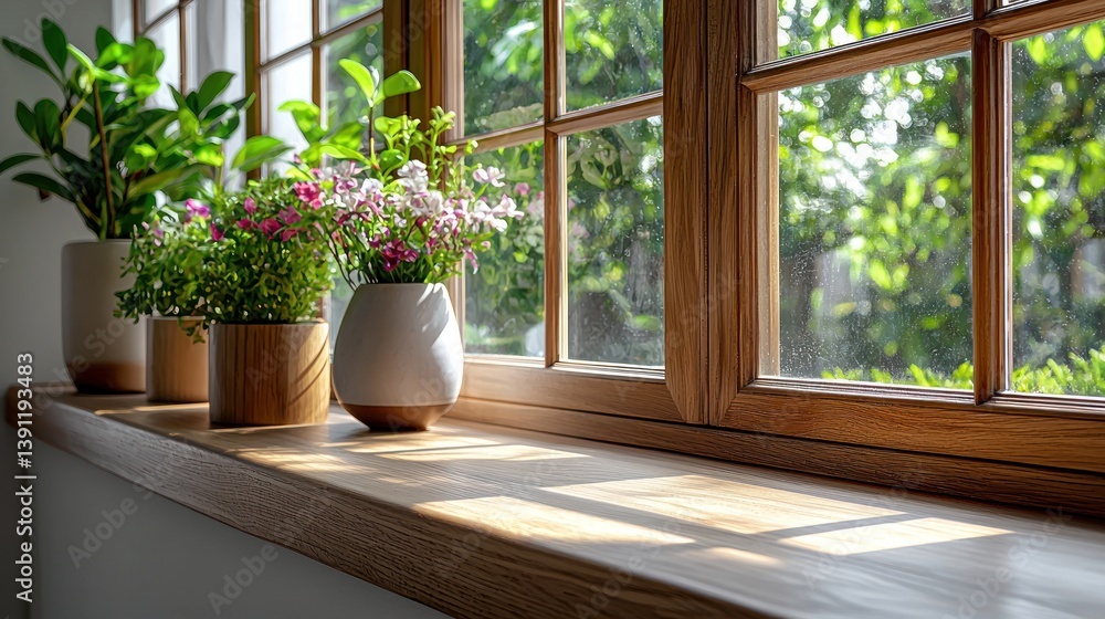 Wooden windowsill with potted plants and flowers, sunlight streaming through. Wooden windowsill with potted plants and flowers, sunlight streaming through.