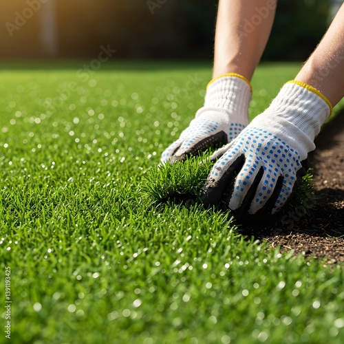 edge of soil, close-up view, outdoor landscaping, precision work, detailed texture, Gardener installing fresh sod rolls for a perfect lawn, Hands in gardening gloves, laying artificial turf,