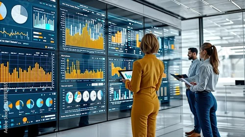 Business professionals analyze data on large display wall
