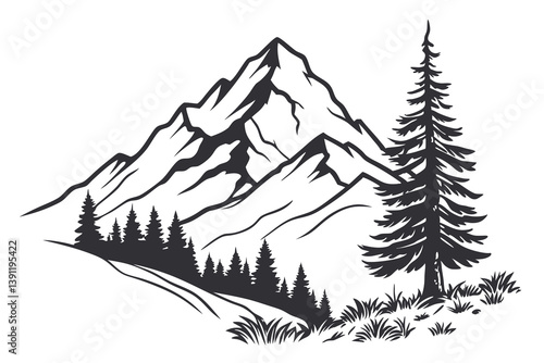 Snowy winter mountain landscape  pine trees in a cold winter forest landscape vector illustration 