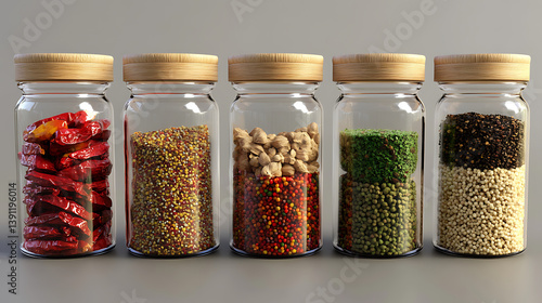 Fototapeta Naklejka Na Ścianę i Meble -  Colorful spices in glass jars on a gray surface