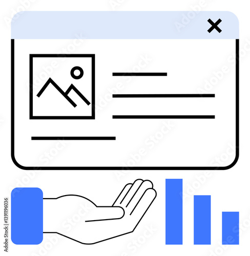 Window displaying image preview, textual information, open hand below symbolizing support, bar chart for data analysis. Ideal for collaboration, management, creativity, planning, analysis data