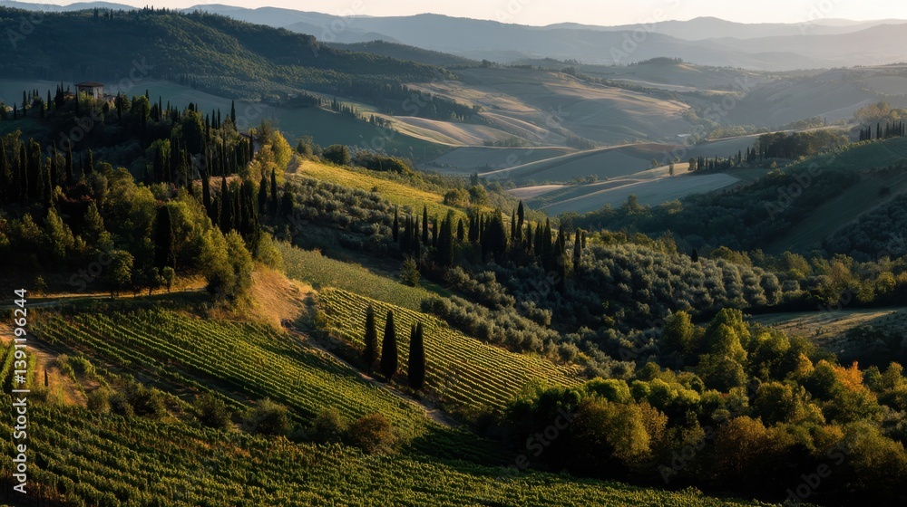 Naklejka premium Tuscan Landscape with Vineyards and Cypress Trees