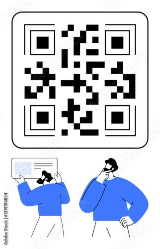 Large QR code accompanied by two individuals, one holding a tablet and the other contemplating. Ideal for technology, marketing, digital innovation, communication, data access, strategy