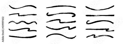 Curved and wavy sketch brush stroke collection. Squiggle paint line set. Rough charcoal flourish pack for highlight, underline, emphasis. Hand drawn crayon strips. Vector black swoosh stripe bundle