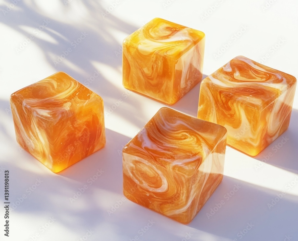 Four vibrant, marbled cubes arranged on a white surface. Golden hues and swirling patterns create an organic aesthetic, highlighted by natural light and shadow Four vibrant, marbled cubes arranged on a white surface. Golden hues and swirling patterns create an organic aesthetic, highlighted by natural light and shadow
