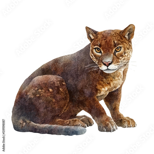 Jaguarundi, watercolor illustration, isolated on a white background.

