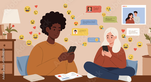 Friends Using Smartphones with Emojis Background