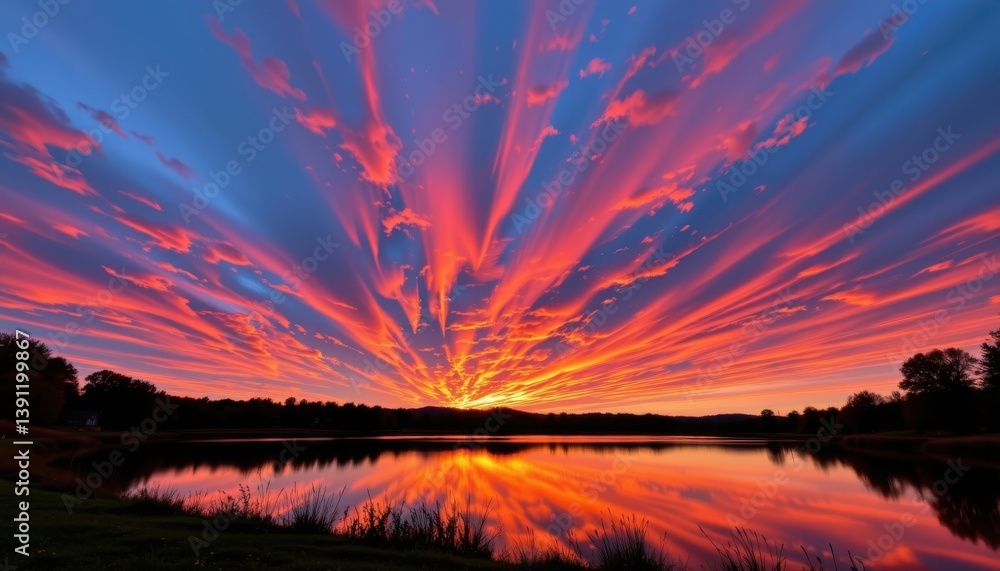Obraz premium Inferno in the Sky A fiery sunset reflecting on a lake, creating a captivating blend of colors.