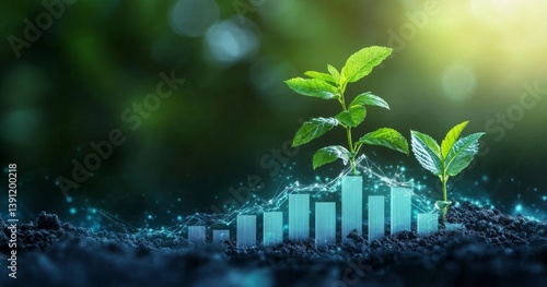 Growing success, illustrated by young plants and digital bar graphs emerging from fertile soil