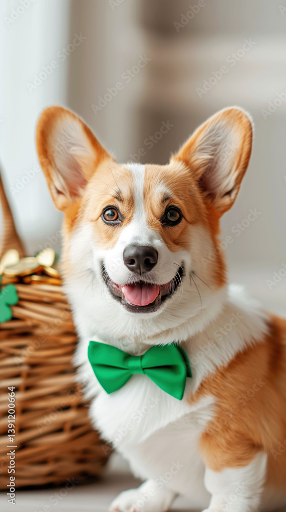 Corgi With Festive Bow Tie Beside Basket of Golden Coins and Shamrocks for a Joyful Celebration Corgi With Festive Bow Tie Beside Basket of Golden Coins and Shamrocks for a Joyful Celebration