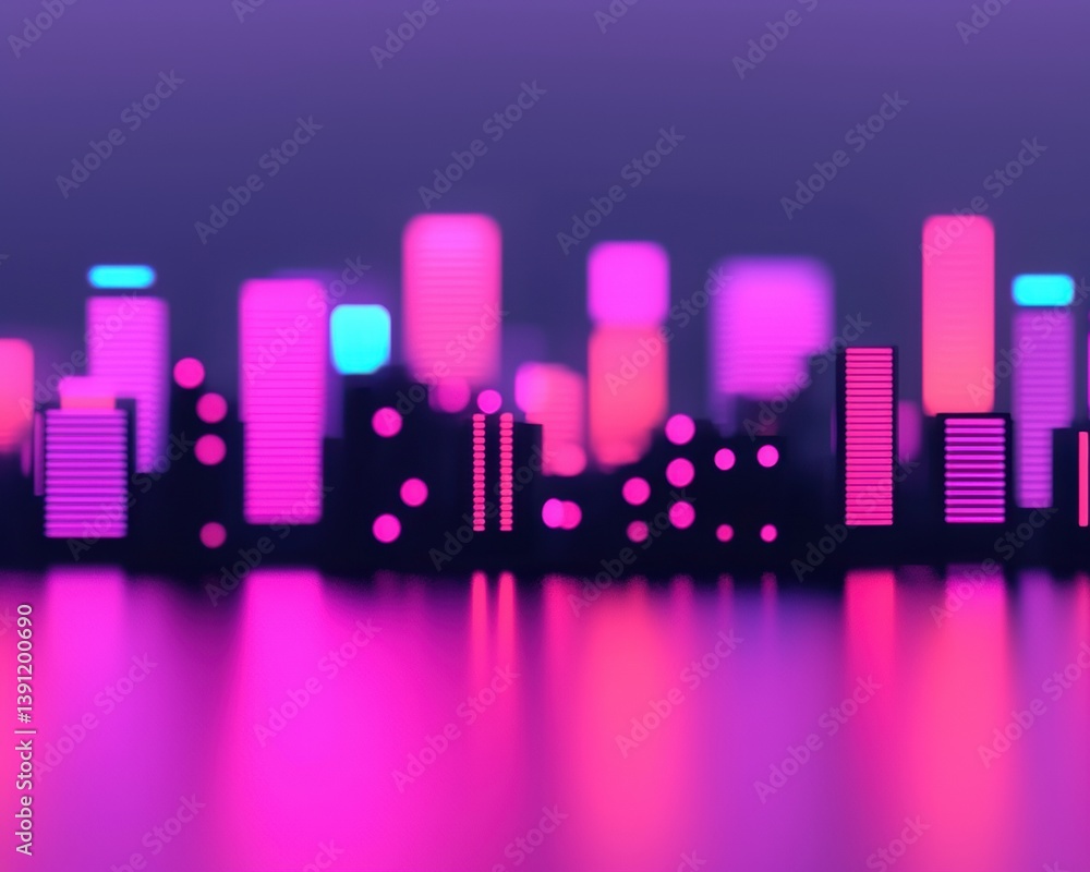 Fototapeta premium A vibrant city skyline illuminated in pink and blue hues, reflecting on water, creating a dreamy, modern atmosphere at dusk.