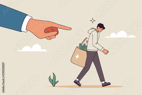 Fired employee, layoff or dismissal worker, misconduct or underperform staff, failure or trouble employment, jobless or unemployment concept, boss pointing finger to fires, layoff misconduct employee.