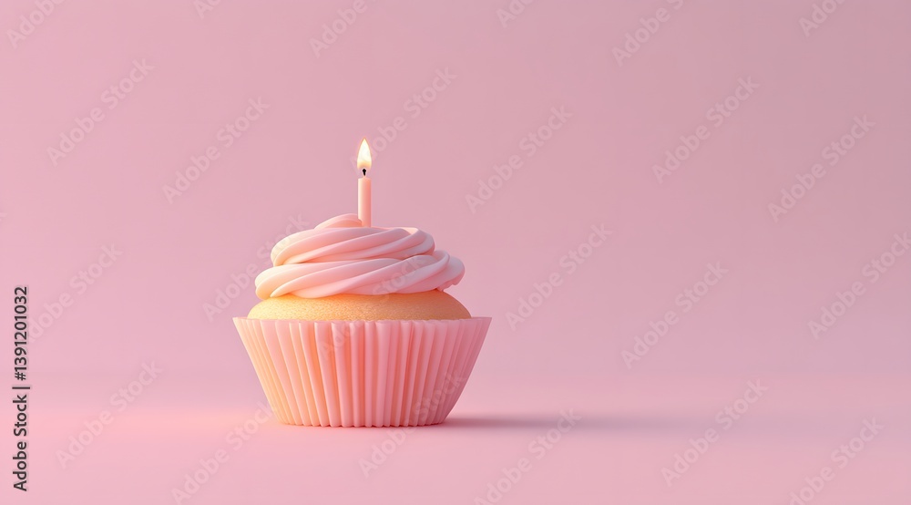 Pink cupcake with frosting and candle on a pink background. Pink cupcake with frosting and candle on a pink background.