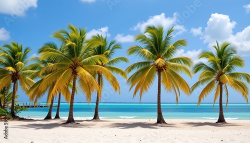 Fototapeta Naklejka Na Ścianę i Meble -  Tropical Paradise A serene beach scene with palm trees in varying shades of green, set against a bright blue ocean.