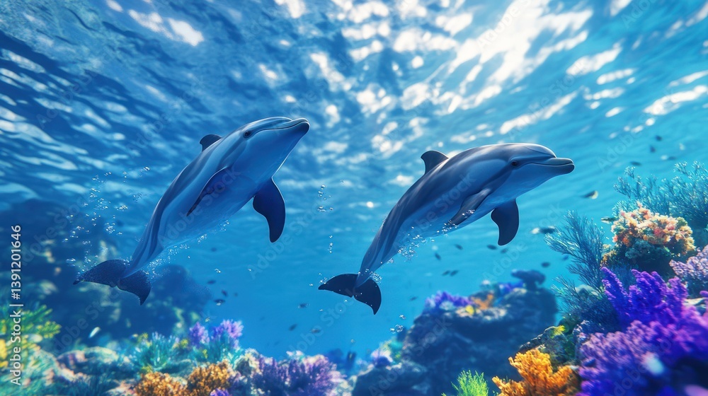 Fototapeta premium Dolphins swimming coral reef ocean