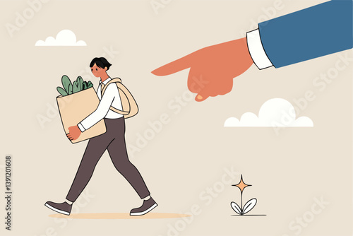 Fired employee, layoff or dismissal worker, misconduct or underperform staff, failure or trouble employment, jobless or unemployment concept, boss pointing finger to fires, layoff misconduct employee.