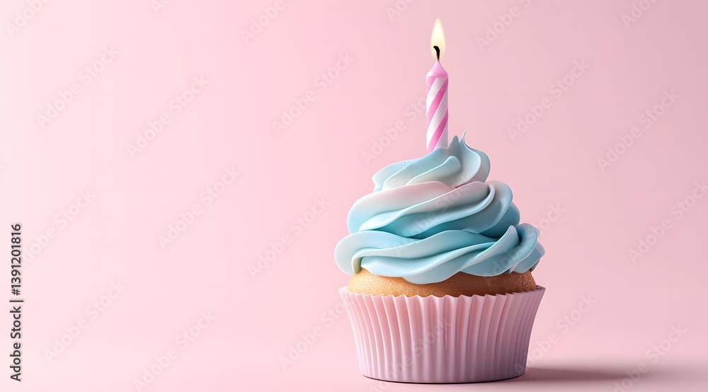 A cupcake with blue frosting and a lit candle against a pink background. A cupcake with blue frosting and a lit candle against a pink background.
