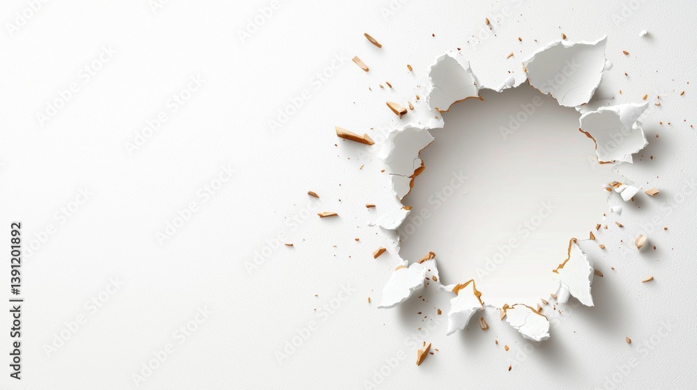 Obraz premium A hole in a white surface with torn edges, suggesting a break or impact, highlighting a sense of disruption or creativity.