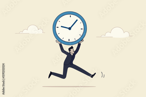 Steal time, productivity or procrastination problem, work efficiency to finish in deadline, strategy or accomplishment concept, burglar thief stealing time clock and run away.