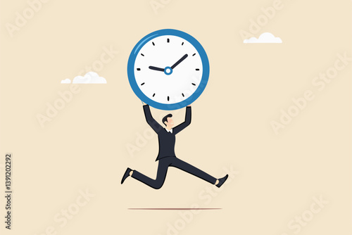 Steal time, productivity or procrastination problem, work efficiency to finish in deadline, strategy or accomplishment concept, burglar thief stealing time clock and run away.