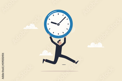 Steal time, productivity or procrastination problem, work efficiency to finish in deadline, strategy or accomplishment concept, burglar thief stealing time clock and run away.