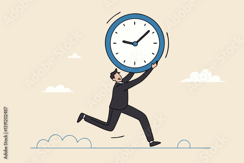 Steal time, productivity or procrastination problem, work efficiency to finish in deadline, strategy or accomplishment concept, burglar thief stealing time clock and run away.