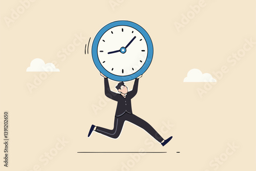 Steal time, productivity or procrastination problem, work efficiency to finish in deadline, strategy or accomplishment concept, burglar thief stealing time clock and run away.