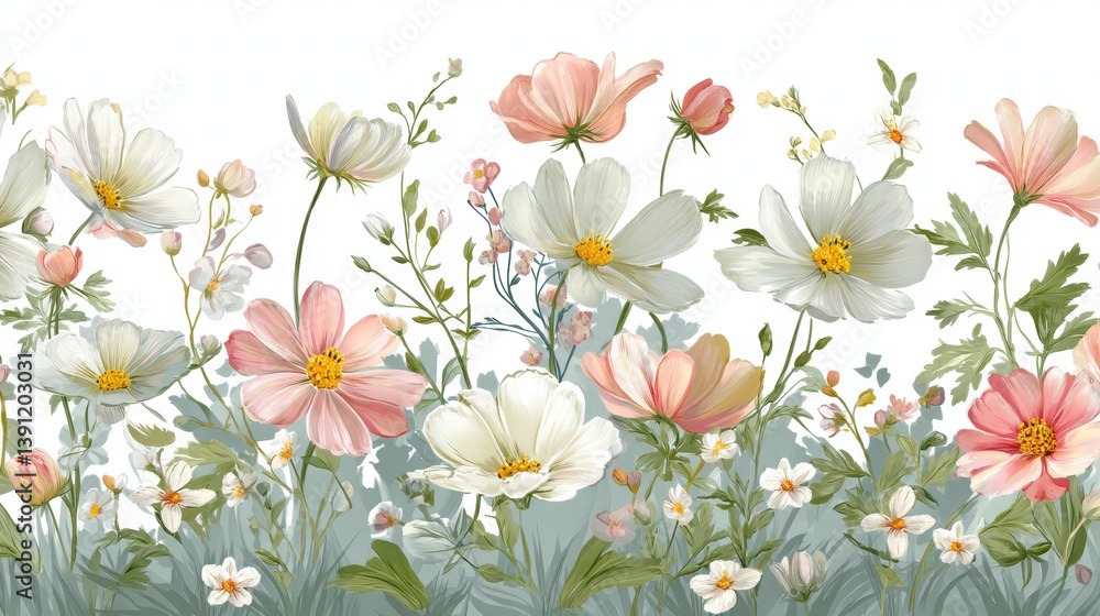 Obraz premium Beautiful seamless floral water color pattern Set, watercolor wild flowers, leaves and grass,Collection botanic garden elements. cosmos flower.