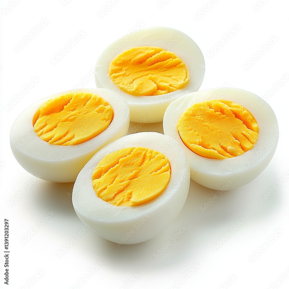 Four halved hard-boiled eggs, bright yellow yolks, white egg whites, studio shot Four halved hard-boiled eggs, bright yellow yolks, white egg whites, studio shot