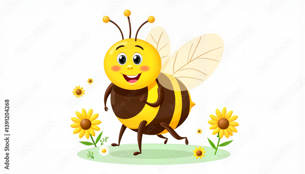 Obraz premium Cheerful cartoon bee smiling and running among flowers 